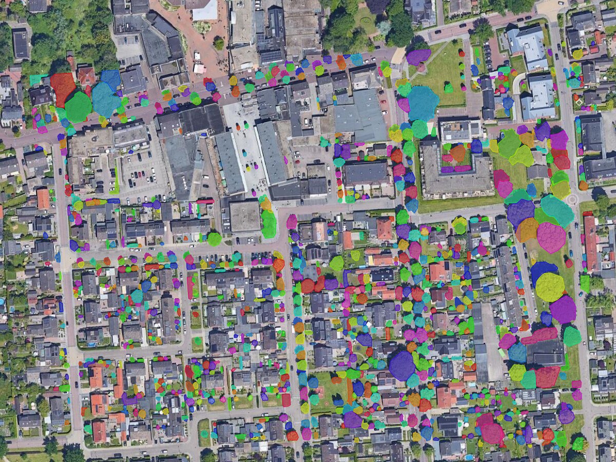 A Dutch village seen from above where every tree crown, in gardens and along the streets, is a separate coloured polygon
