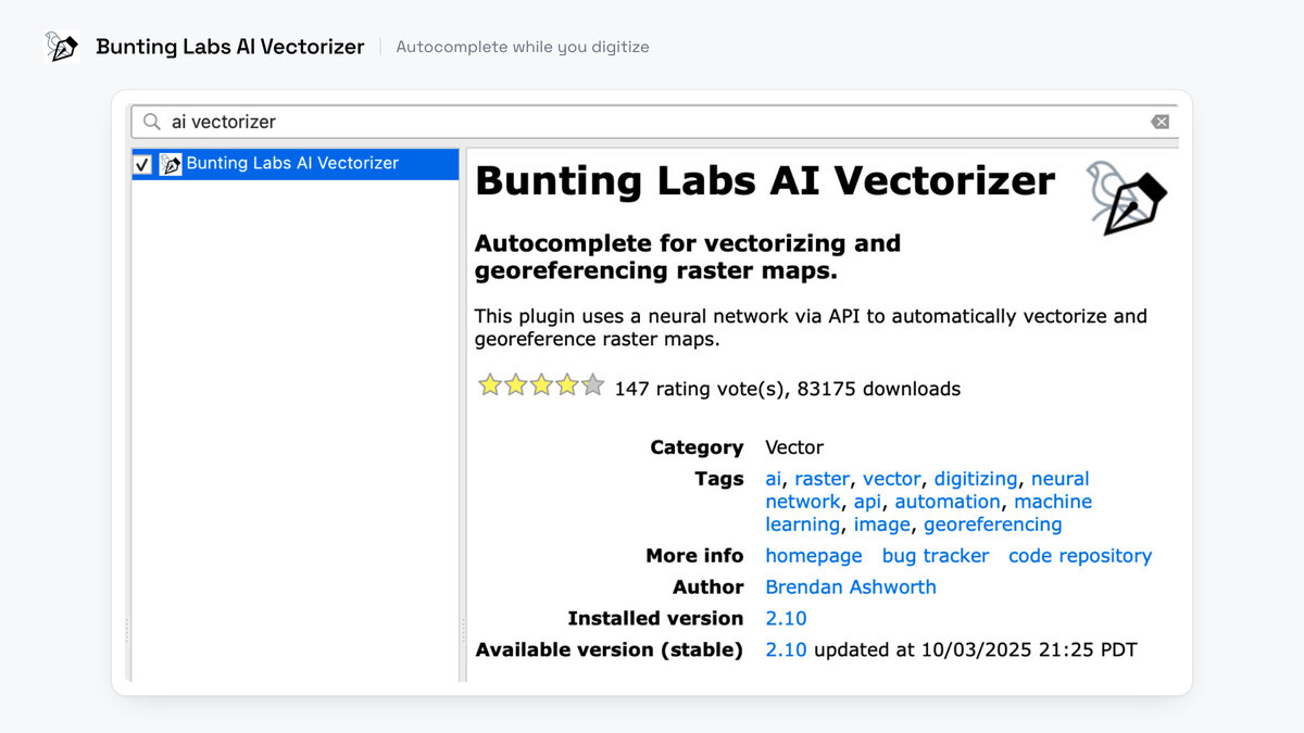 The Bunting Labs AI Vectorizer entry in the QGIS plugin manager, showing its description, rating and download count