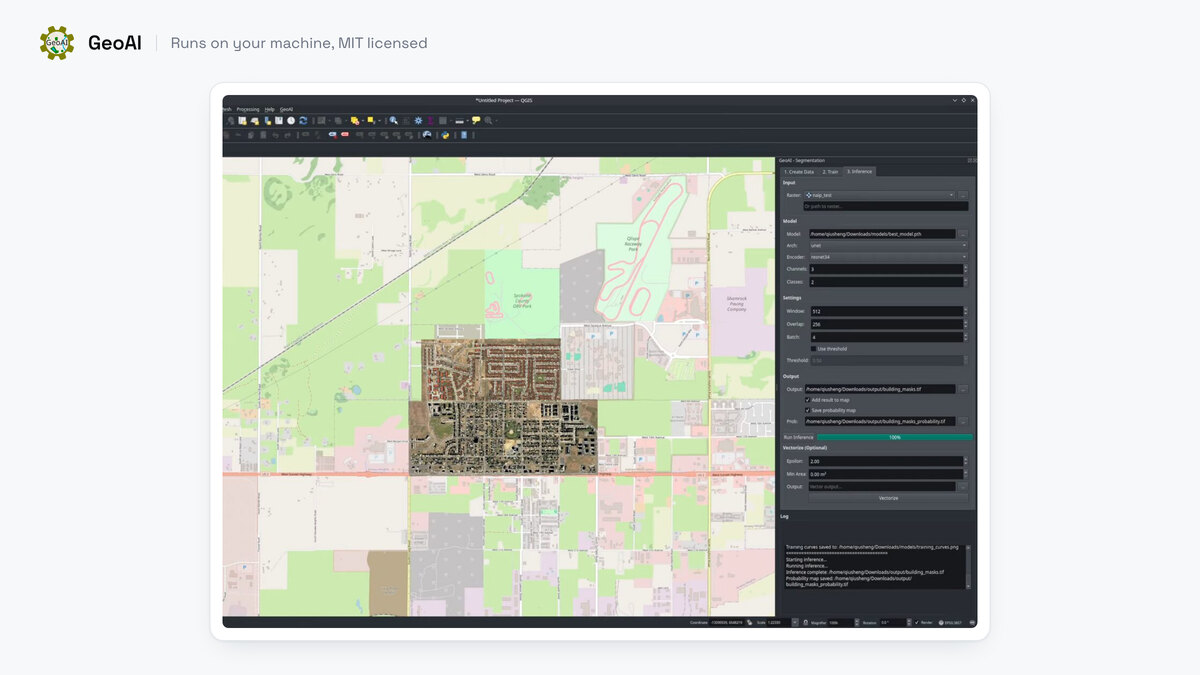 The GeoAI panel docked on the right of QGIS with model, window size and output fields, over an OpenStreetMap basemap