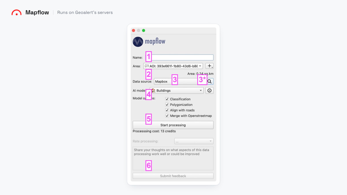 The Mapflow processing panel docked in QGIS, with an area of interest, Mapbox as the data source, Buildings as the AI mode, and a processing cost of 13 credits