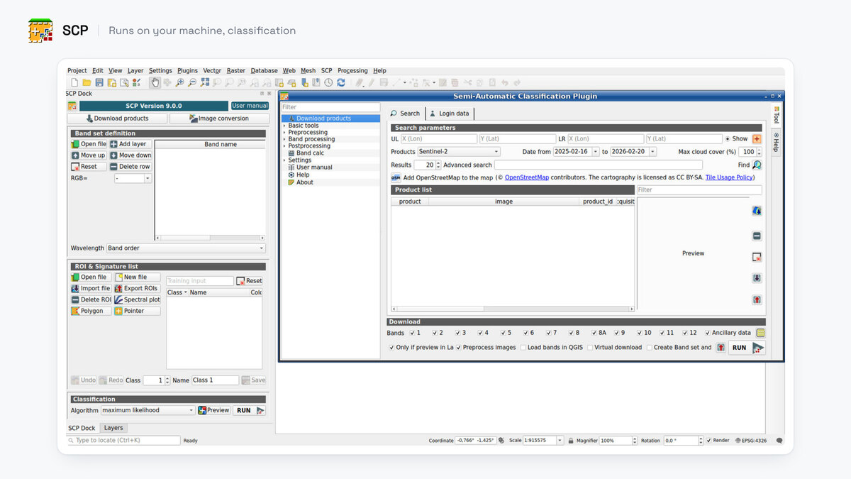 A full QGIS window with the Semi-Automatic Classification Plugin open, showing its dock, its band set panel and its download products tab