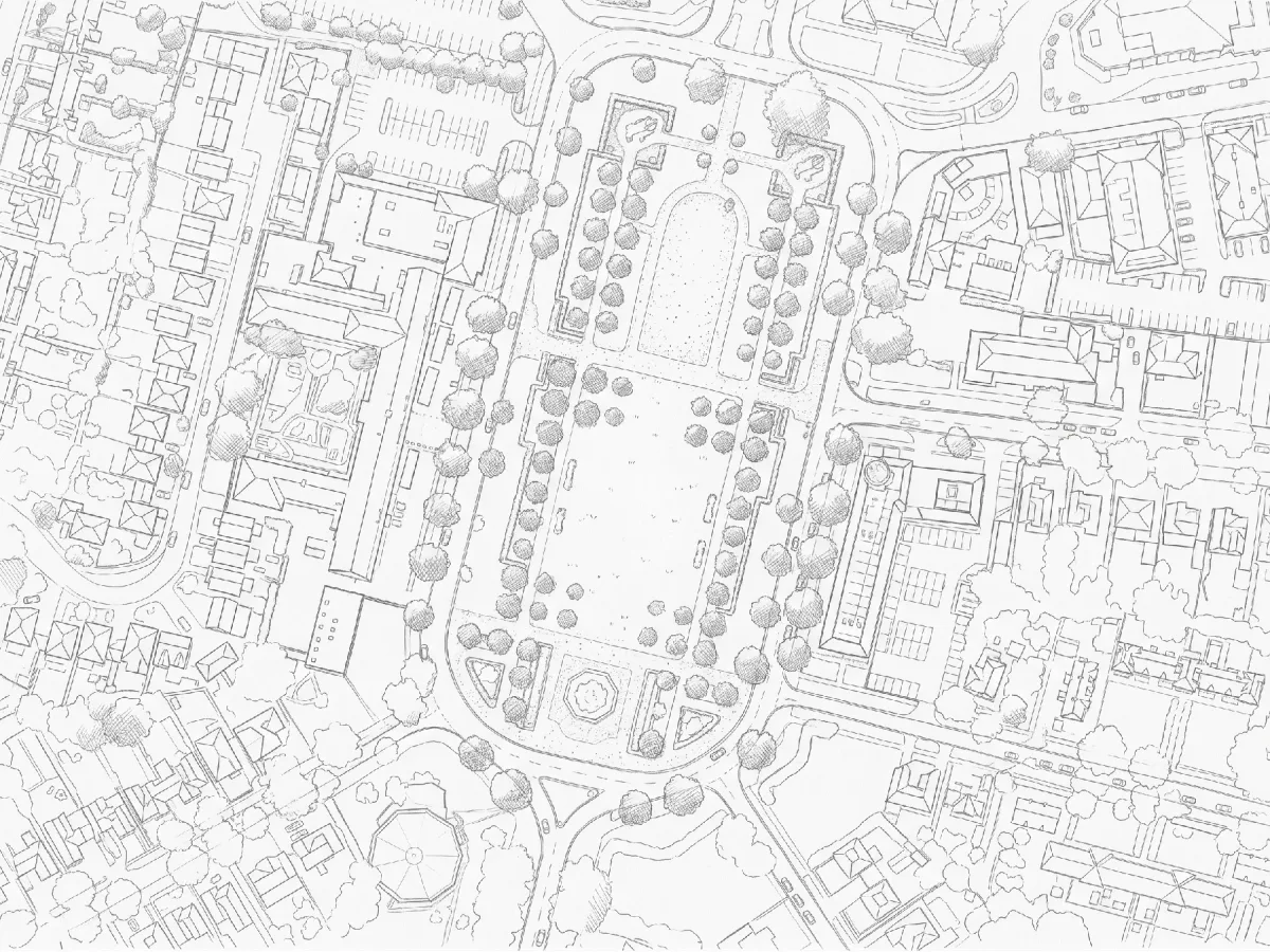Image aérienne à gauche, plan de masse au crayon de Broadway Gardens à droite (after)