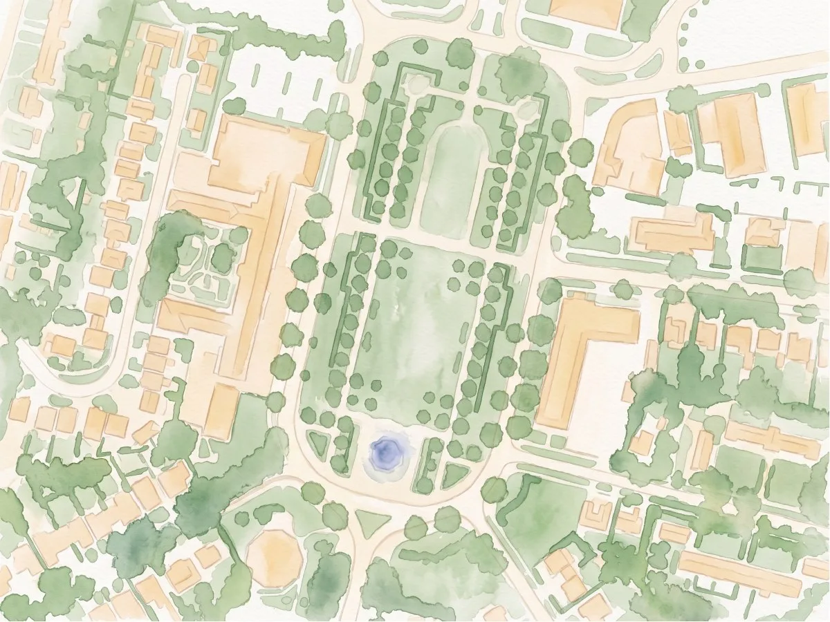 Image aérienne à gauche, plan de masse aquarelle de Broadway Gardens à droite (after)