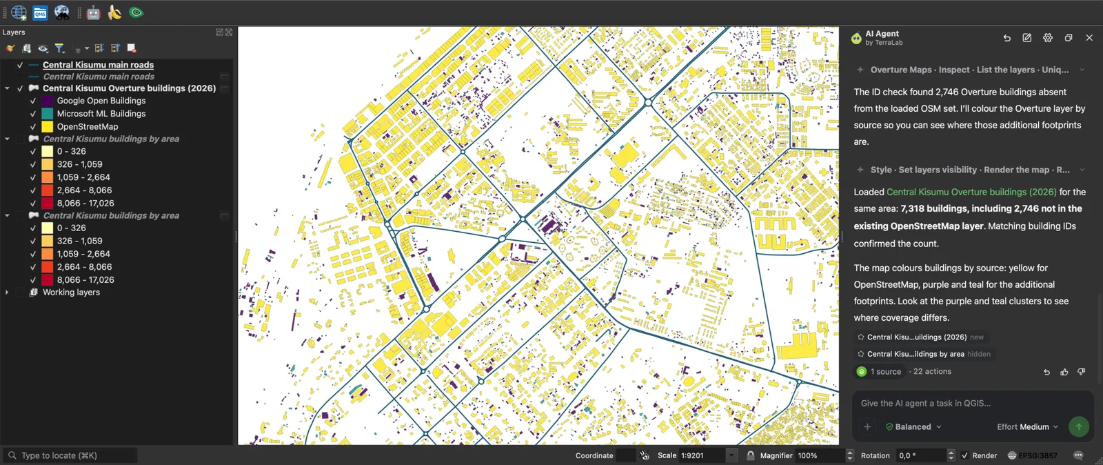QGIS with the Overture buildings of central Kisumu coloured by source, yellow for OpenStreetMap, purple for Google Open Buildings and teal for Microsoft ML Buildings, and the AI Agent answer counting 2,746 buildings not in OpenStreetMap.