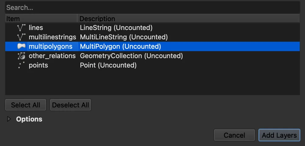The QGIS Select Items to Add dialog for kenya-latest.osm.pbf, listing lines, multilinestrings, multipolygons, other_relations and points, with multipolygons selected.