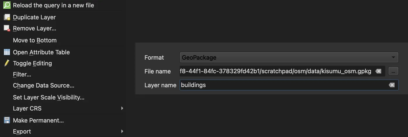 The QGIS layer context menu with Make Permanent, next to the Save Scratch Layer dialog set to GeoPackage with the layer name buildings.