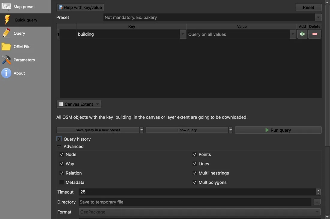 The QuickOSM Quick query tab with the key building, the value empty, Canvas Extent selected, and the Advanced section open showing a 25 second timeout and Save to temporary file.