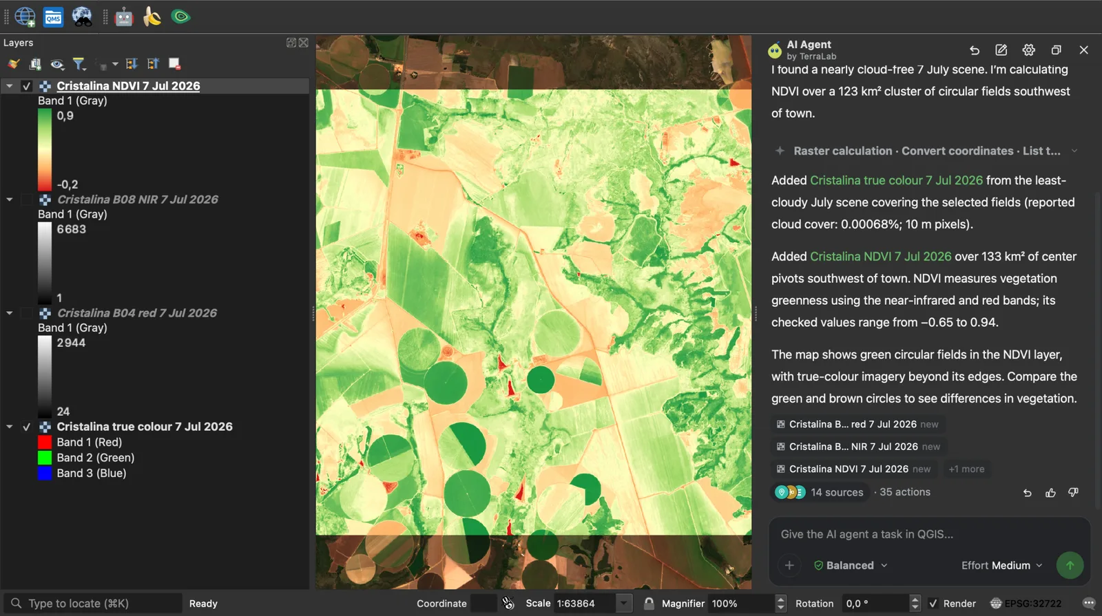 QGIS with the Cristalina NDVI layer from red to green over the true colour image, the Layers panel with the NDVI legend from -0.2 to 0.9, and the AI Agent panel giving the date, the 0.00068% cloud cover and the NDVI range -0.65 to 0.94.