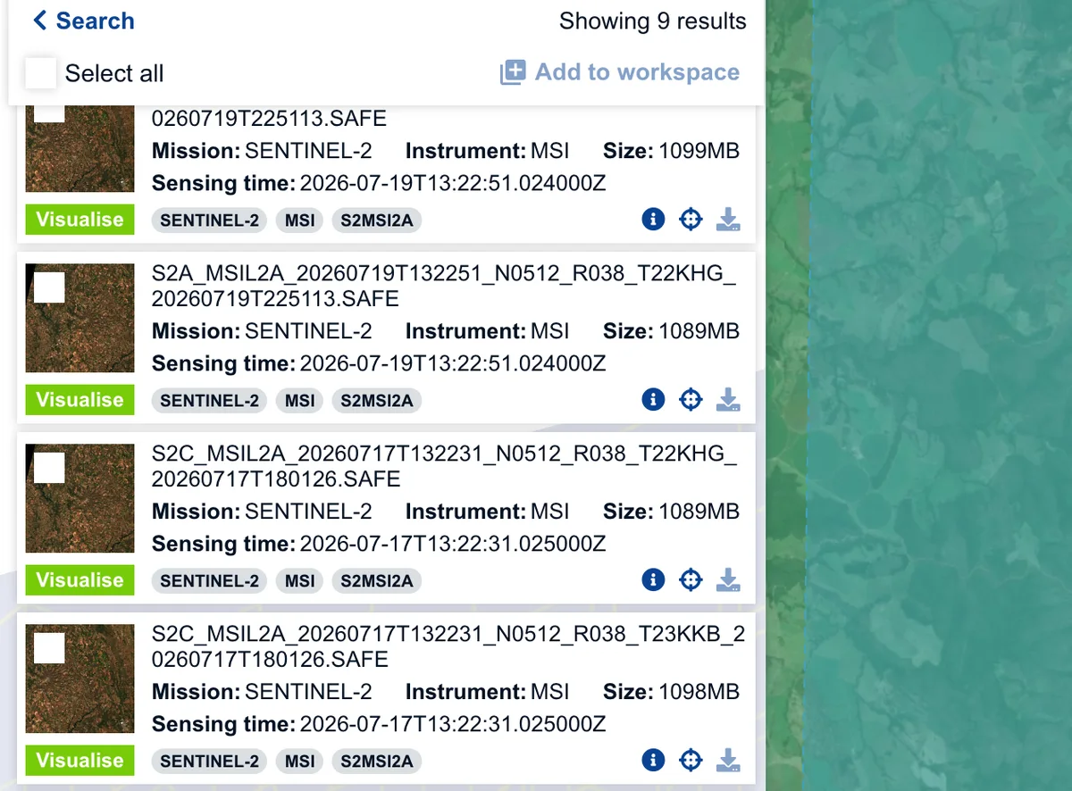 Copernicus Browser search results for Sentinel-2 L2A over Cristalina in July 2026, each product with its name, size of about 1,090 MB, sensing time and a download arrow.