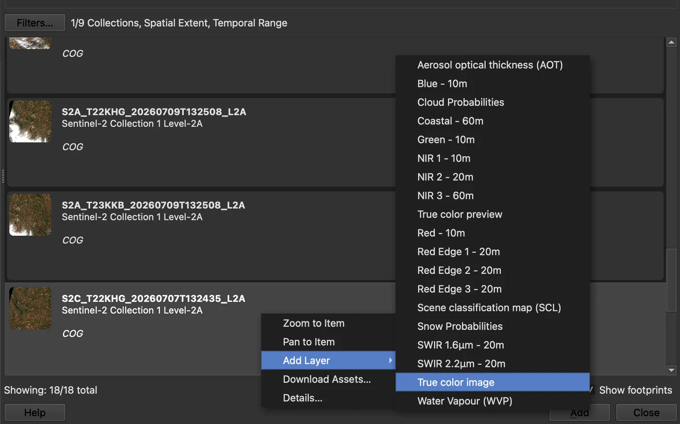 The right-click menu on the 7 July 2026 scene in the QGIS STAC results, with Add Layer open on the list of assets and True color image highlighted.