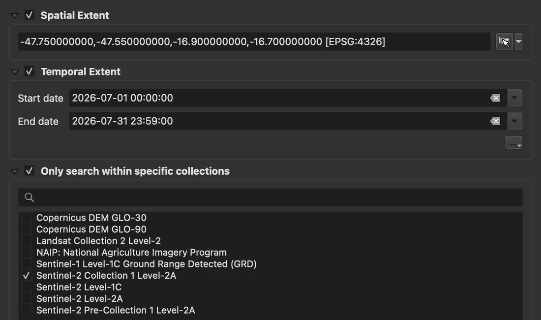 The QGIS STAC Search Filters dialog: a spatial extent in EPSG:4326 around Cristalina, dates from 1 to 31 July 2026, and only Sentinel-2 Collection 1 Level-2A ticked.