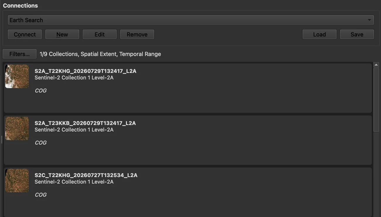 STAC search results in the QGIS Data Source Manager: Sentinel-2 Collection 1 Level-2A scenes from July 2026, each with a thumbnail and the label COG.