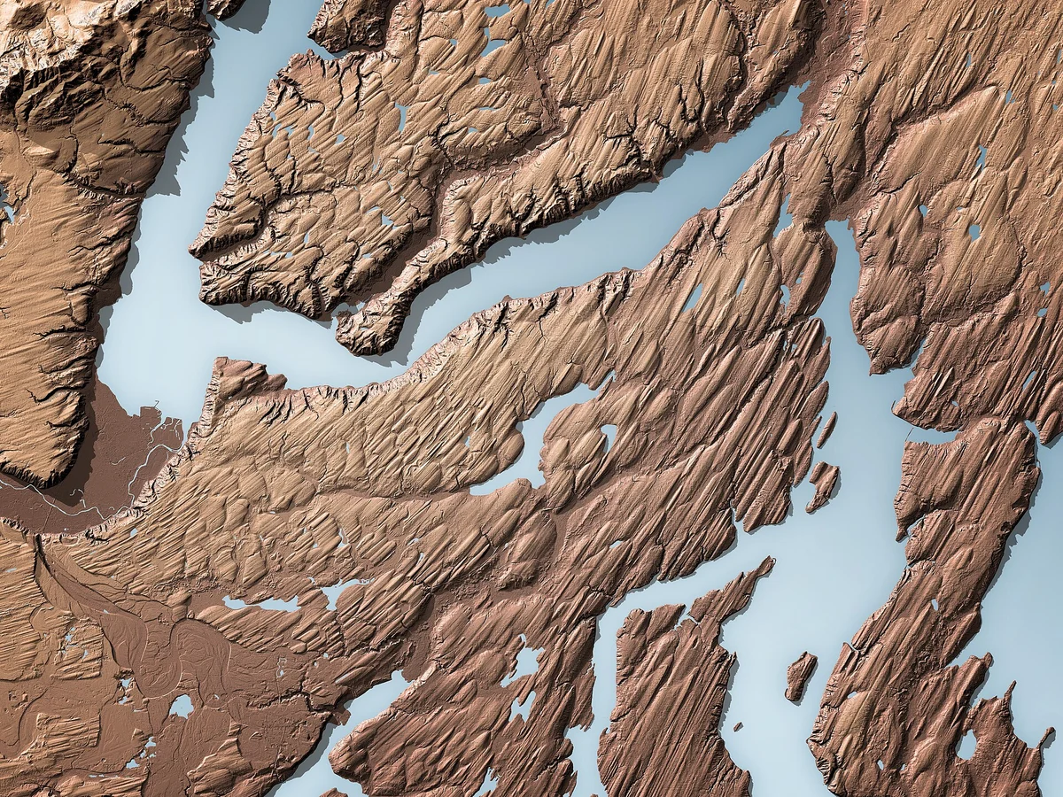 Gekleurde LiDAR-heuvelschaduw van drumlins bij Hood Canal in Washington: het kale maaiveld, met het bos eraf gehaald.
