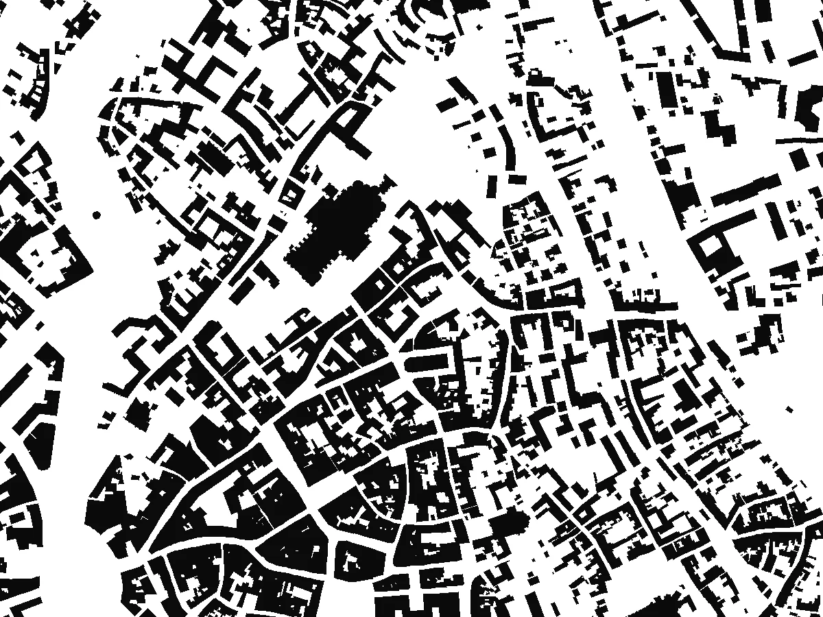 A figure ground map of the centre of Chartres: buildings in black on white, the cathedral as the largest mass, tight perimeter blocks in the old town and looser plots towards the edges.