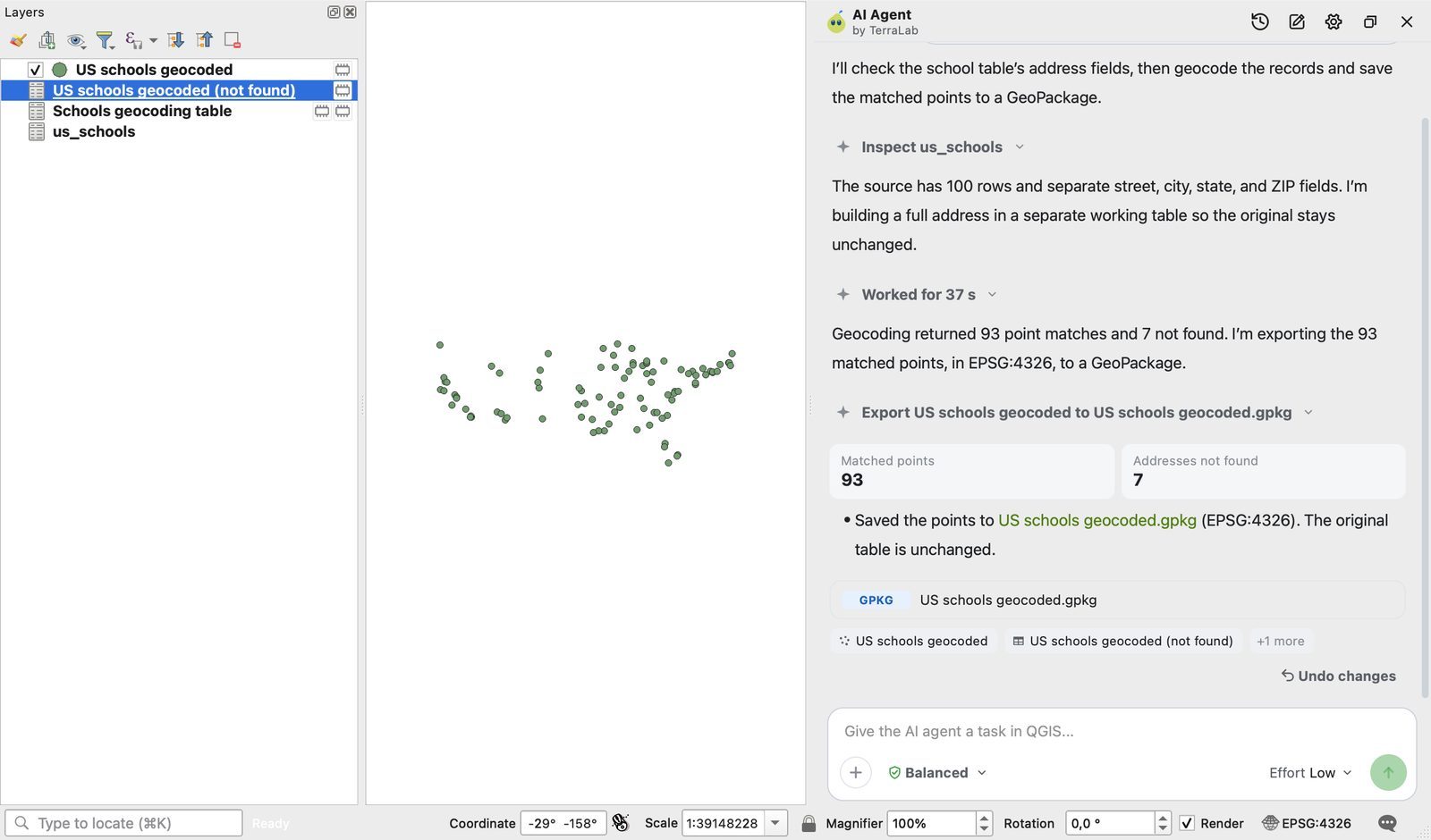 QGIS with the AI Agent panel on the right. The agent says the source has 100 rows with separate street, city, state and ZIP fields, builds a full address in a separate working table, then reports 93 matched points and 7 addresses not found, saved to US schools geocoded.gpkg. The map shows the points across the United States.