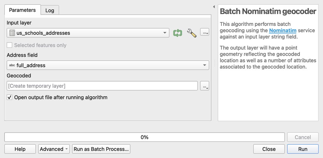 The QGIS Batch Nominatim geocoder dialog. Input layer: us_schools_addresses. Address field: full_address. Geocoded: Create temporary layer. The help panel says the algorithm performs batch geocoding using the Nominatim service against an input layer string field.