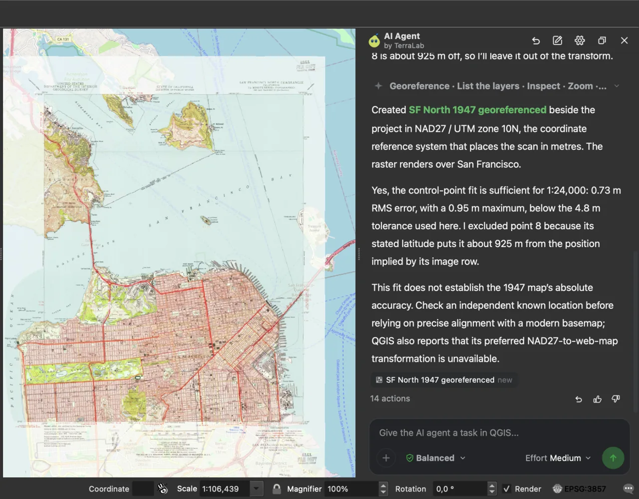 QGIS with the georeferenced 1947 San Francisco map at 72 percent opacity over OpenStreetMap, and the AI Agent panel on the right explaining that point 8 was excluded because it was about 925 m off, the RMS error of 0.73 m and the 4.8 m tolerance.
