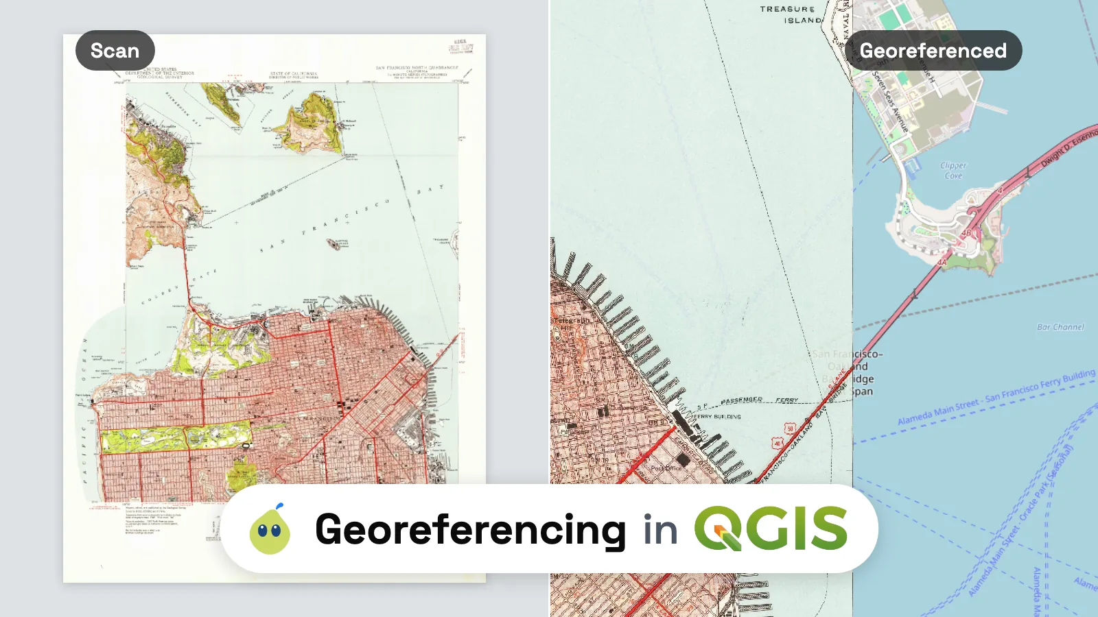 A 1947 USGS topographic map of San Francisco split in two: on the left the plain scan, on the right the same map georeferenced and laid over OpenStreetMap, the Bay Bridge continuing past the map's edge, under the title Georeferencing in QGIS.