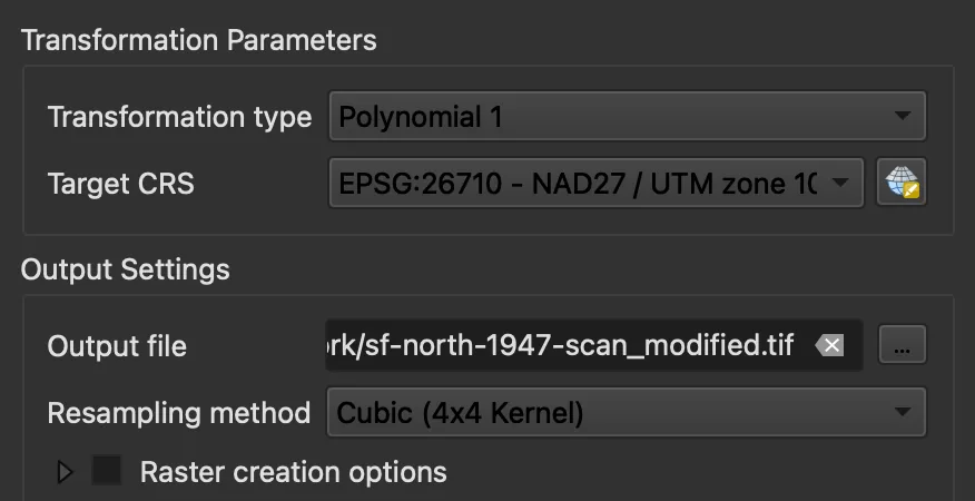 The Transformation Settings dialog with Polynomial 1, target CRS EPSG:26710 NAD27 / UTM zone 10N, an output file ending in _modified.tif and Cubic resampling.