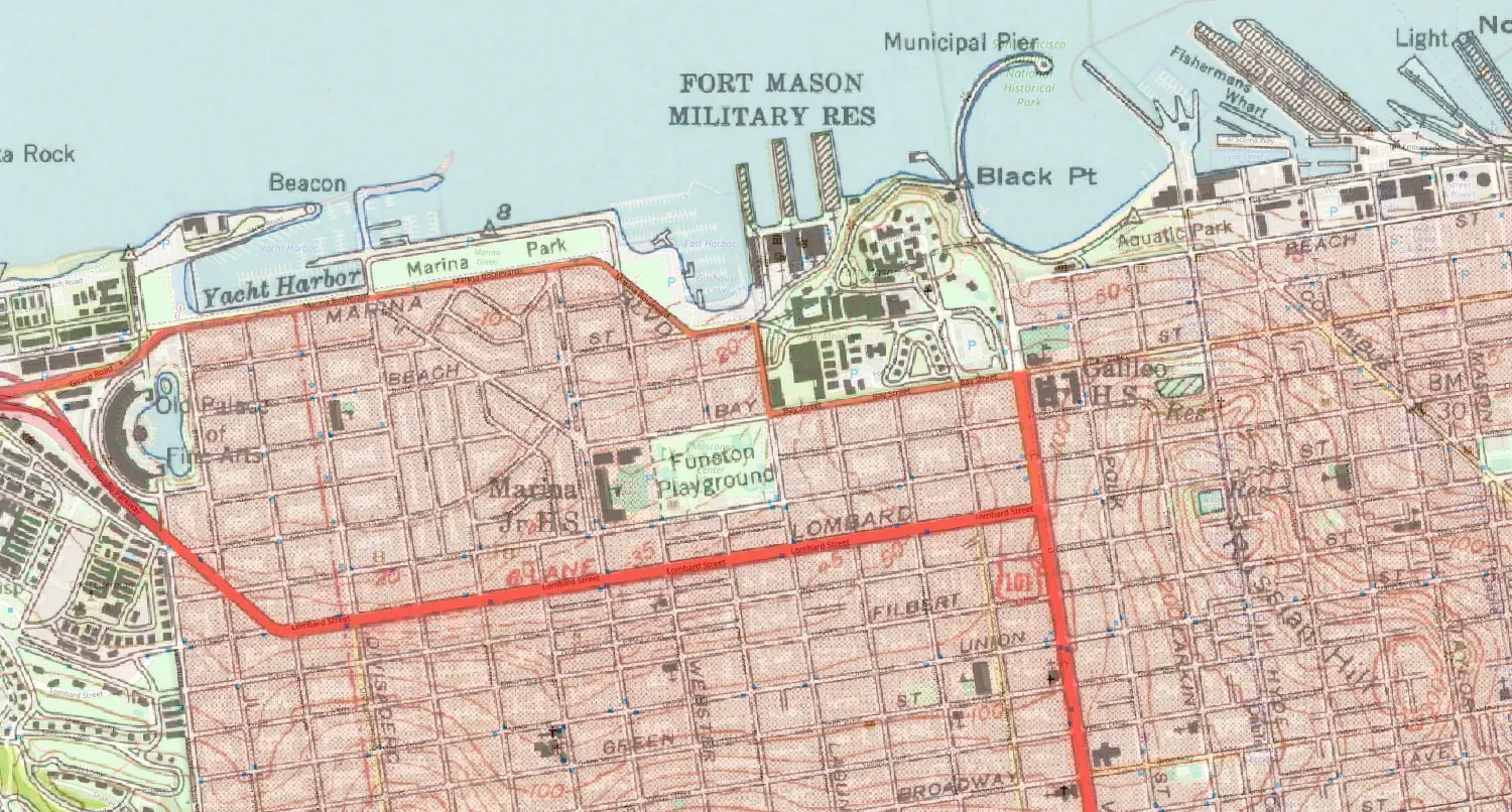 OpenStreetMap of the Marina District and Fort Mason in San Francisco, then the same view with the georeferenced 1947 USGS map at 55 percent opacity, Lombard Street and the shoreline lining up (after)
