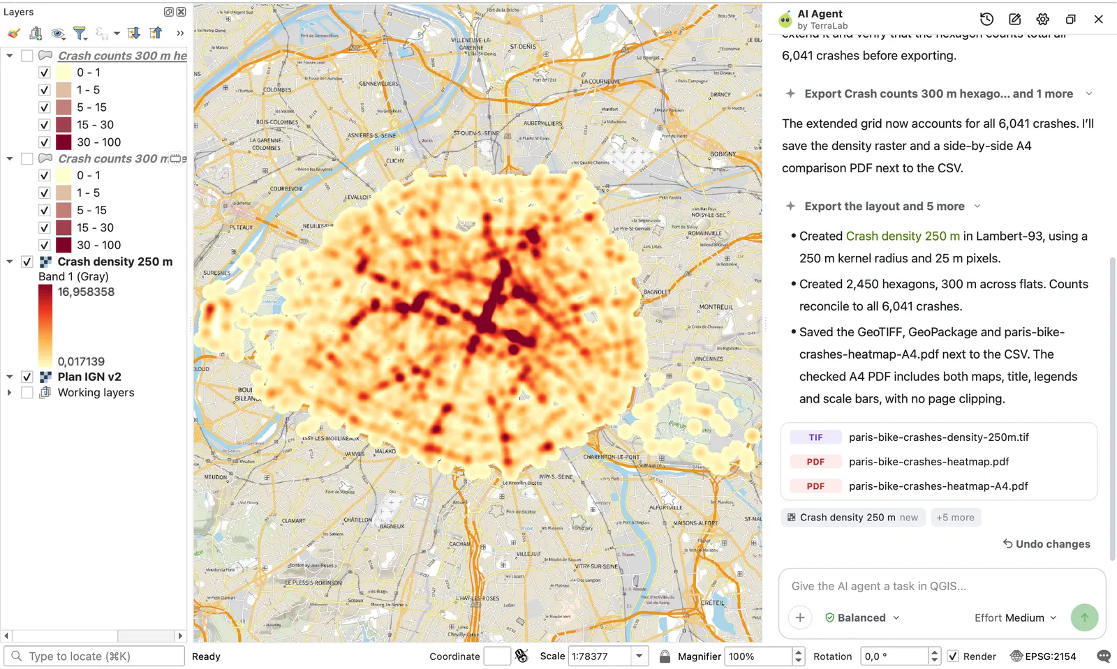 QGIS with a yellow to dark red kernel density heat map of Paris bike crashes over the Plan IGN basemap, the Layers panel listing Crash counts 300 m hexagons, Crash density 250 m and Plan IGN v2, and the AI Agent panel reporting a 250 m radius with 25 m pixels, 2,450 hexagons reconciled to 6,041 crashes, and the saved GeoTIFF and two PDF files.
