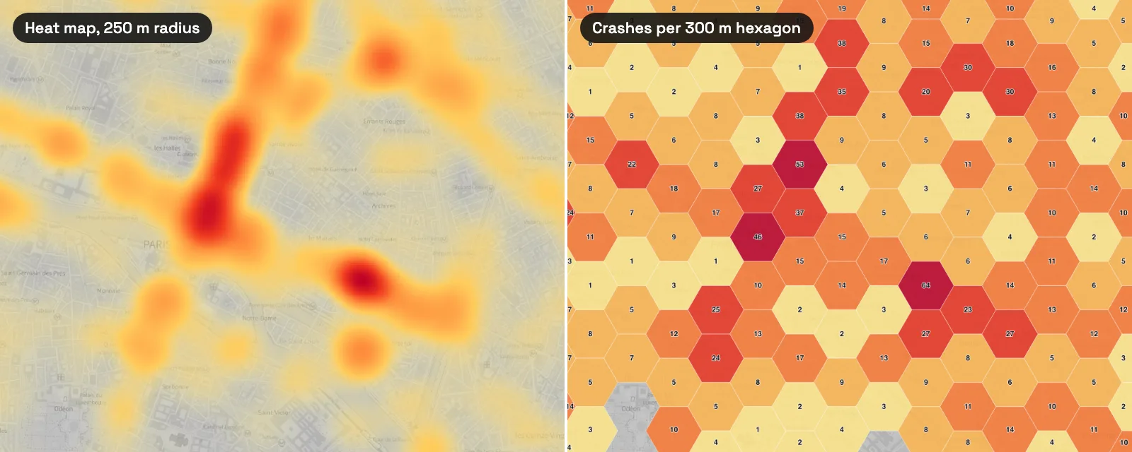Two maps of the same 3.5 by 2.8 kilometre area around Châtelet and the Marais. Left, a heat map with a red line along boulevard de Sébastopol and a red spot near Saint-Paul. Right, 300 m hexagons coloured from pale yellow to dark red, each labelled with its crash count, with 64 near Saint-Paul and 53 and 46 along Sébastopol.