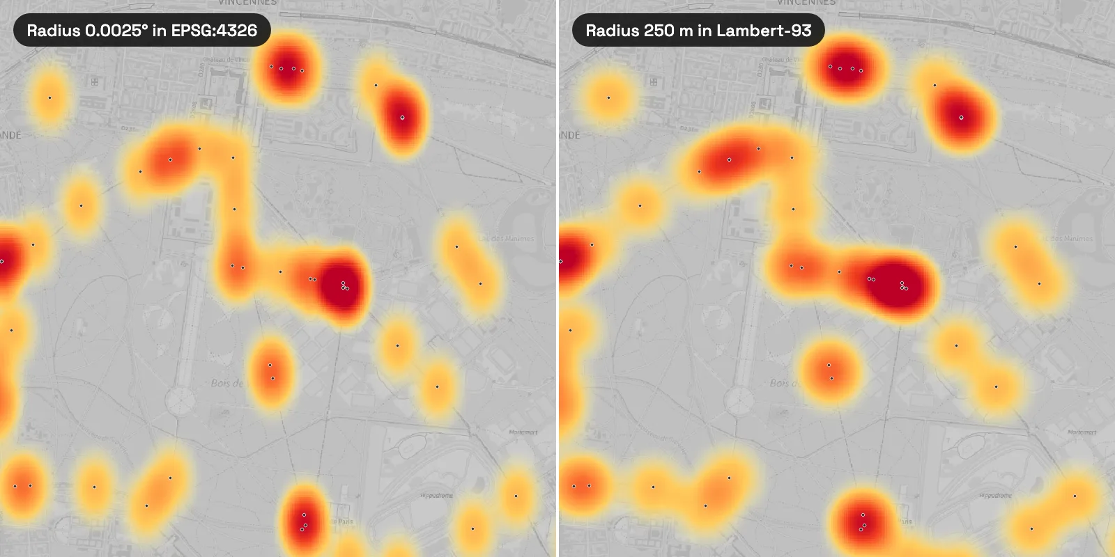 Two heat maps of the Bois de Vincennes with each crash marked by a small dot. On the left, computed in degrees with a radius of 0.0025, every spot is a tall narrow oval. On the right, computed in Lambert-93 with a 250 m radius, the spots are round.