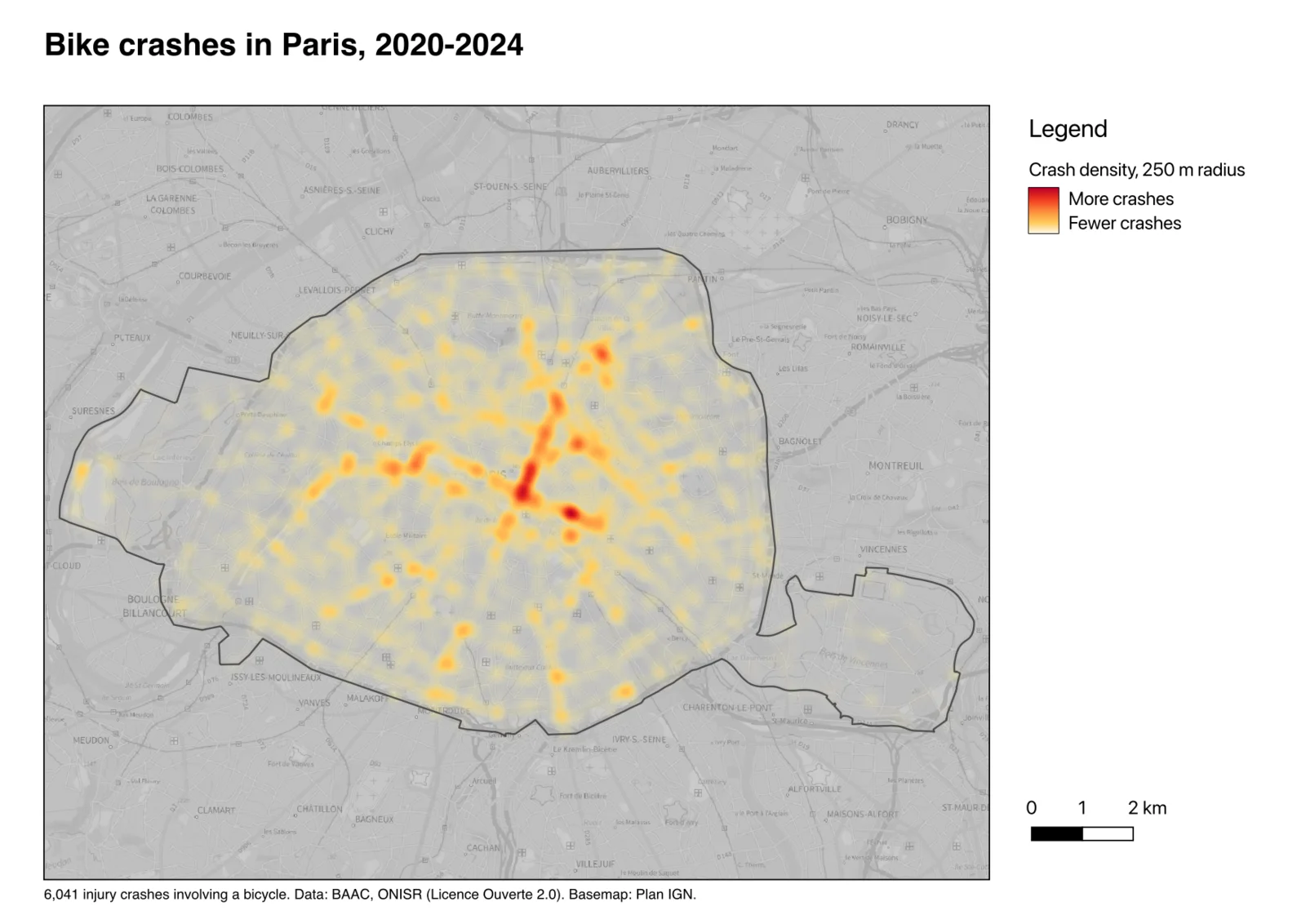 An A4 landscape page titled Bike crashes in Paris, 2020-2024, with the heat map over a grey Plan IGN basemap inside the city outline, a legend reading More crashes and Fewer crashes, a 0 to 2 km scale bar and a source line naming BAAC, ONISR, Licence Ouverte 2.0 and Plan IGN.