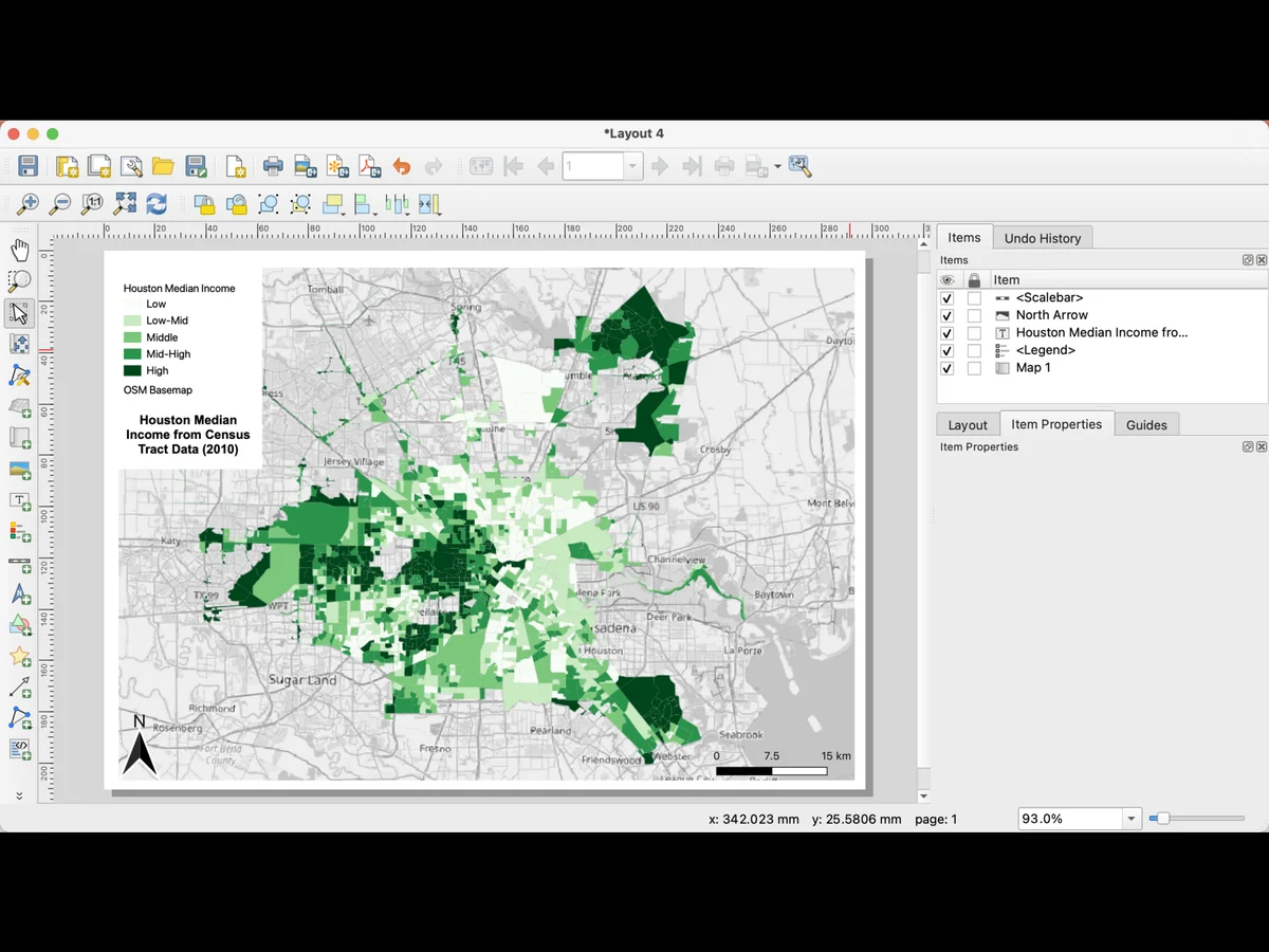 Die QGIS-Oberfläche mit einer Choroplethenkarte des mittleren Einkommens in Houston, links das Layerfenster.