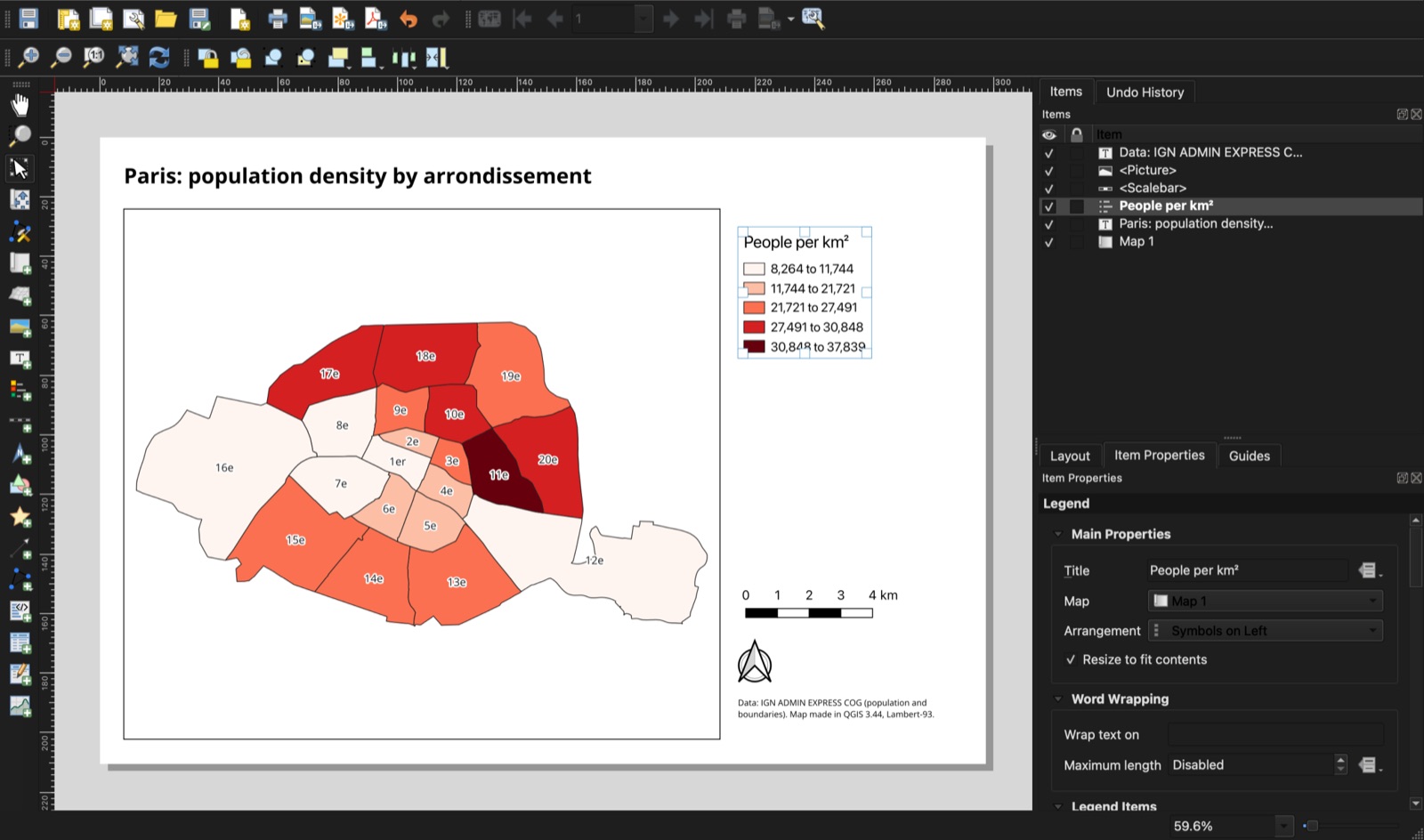 The QGIS print layout window with an A4 landscape page: the title Paris: population density by arrondissement, the shaded map, the legend titled People per km² with five classes, a 0 to 4 km scale bar, a north arrow and a source line. The Items panel lists the six items, and Item Properties shows the selected legend.