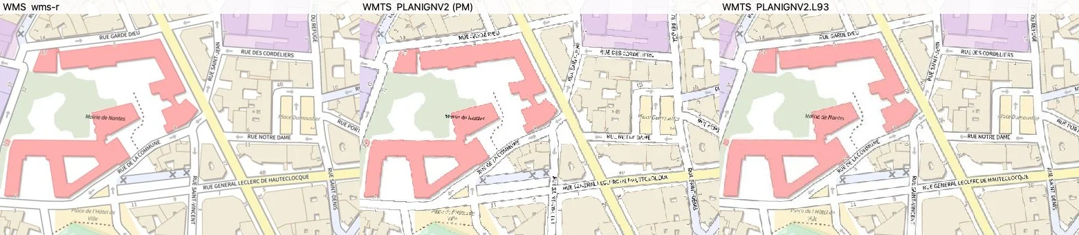 Trois rendus du même îlot de Nantes autour de la mairie à 1:2 000, projet en Lambert-93. À gauche le Plan IGN v2 en WMS, textes nets. Au centre le Plan IGN v2 en WMTS Web Mercator, les noms de rues et Mairie de Nantes sont crénelés et illisibles. À droite la variante PLANIGNV2.L93 en WMTS, nette.