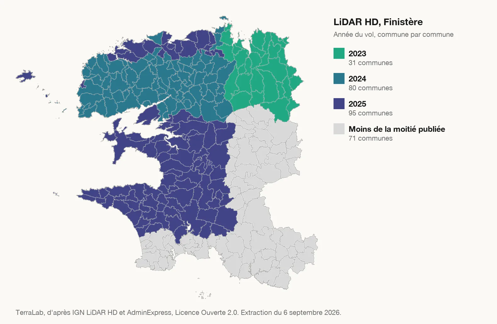 Carte des communes du Finistère colorées par année du vol LiDAR HD, en gris celles dont le nuage n'est pas publié.