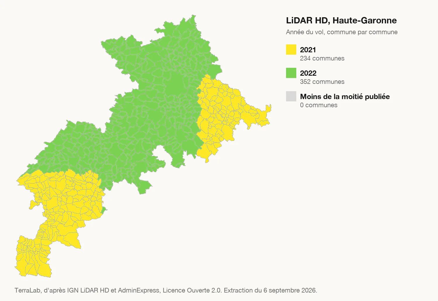 Carte des communes de la Haute-Garonne colorées par année du vol LiDAR HD, en gris celles dont le nuage n'est pas publié.