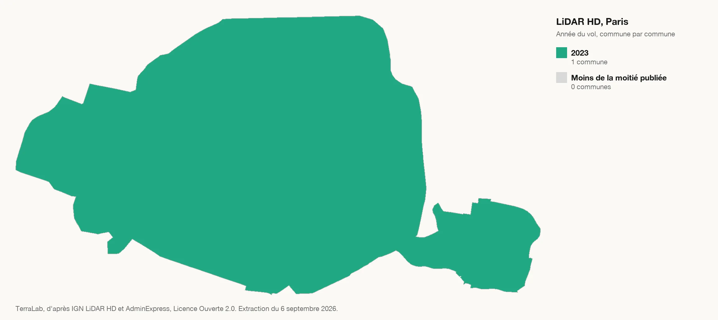 Carte de Paris en vert : toute la commune a un nuage LiDAR HD publié, volé en 2023.