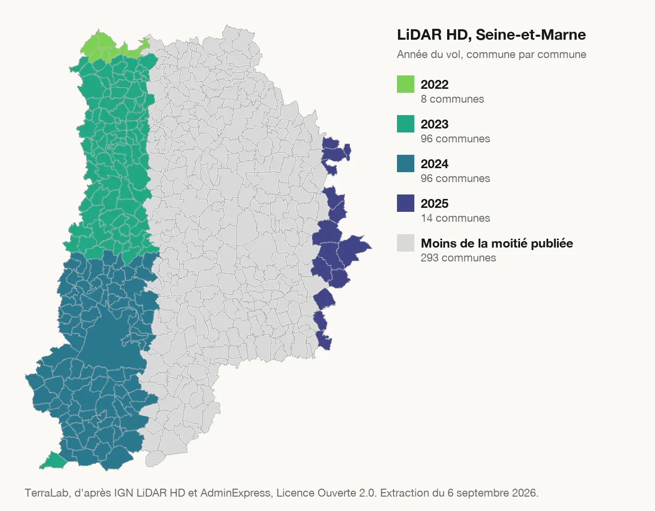 Carte des communes de Seine-et-Marne colorées par année du vol LiDAR HD, en gris celles dont le nuage n'est pas publié.