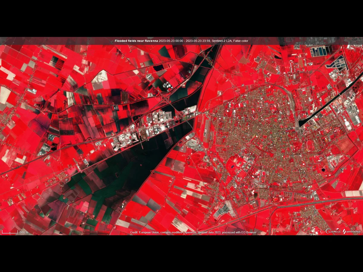 Immagine Sentinel-2 in falsi colori delle alluvioni di Ravenna del maggio 2023, con la vegetazione in rosso e l'acqua dell'alluvione in blu scuro.