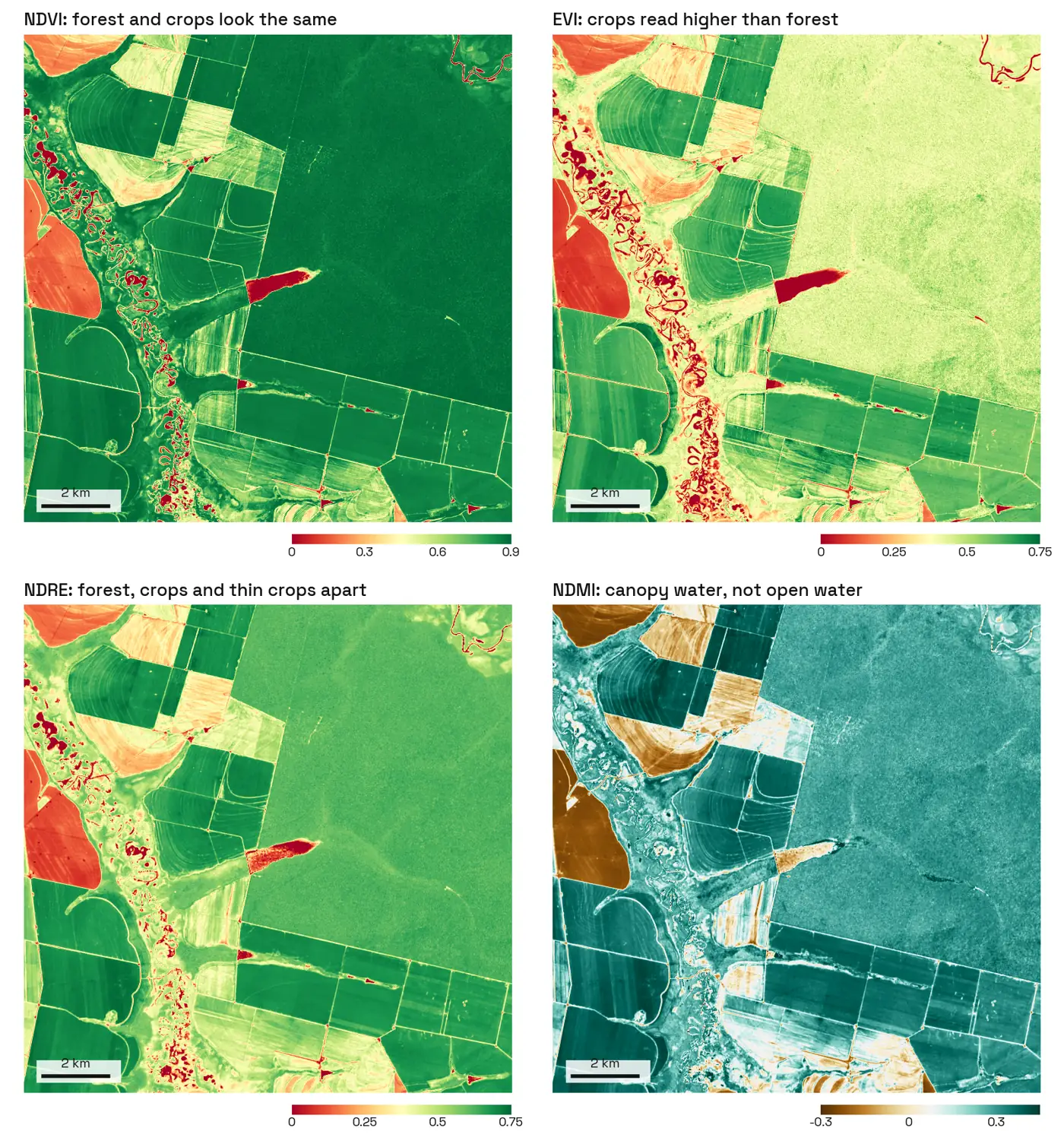 Four maps of the same 15 km square near Querência, Mato Grosso. NDVI shows the forest and the crop fields in the same dark green. EVI shows the forest in pale yellow-green and the crop fields in darker green. NDRE shows the forest in mid green, distinct from the darker crops and the pale fields. NDMI shows crops and forest in teal, bare fields in brown and the reservoir in pale tan.