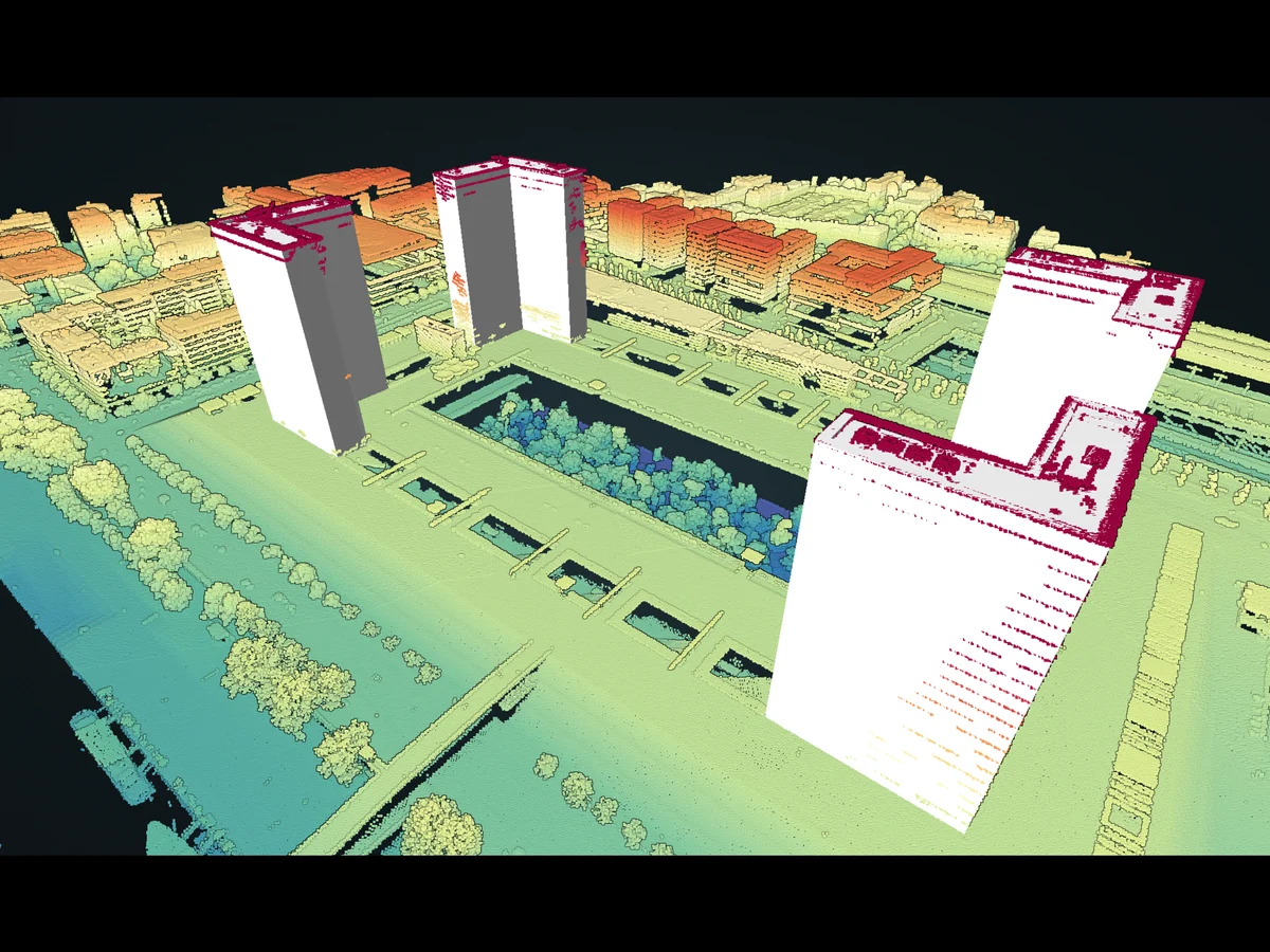 Nube de puntos LiDAR HD del levantamiento nacional francés, coloreada por clase, sobre la Biblioteca Nacional de Francia.