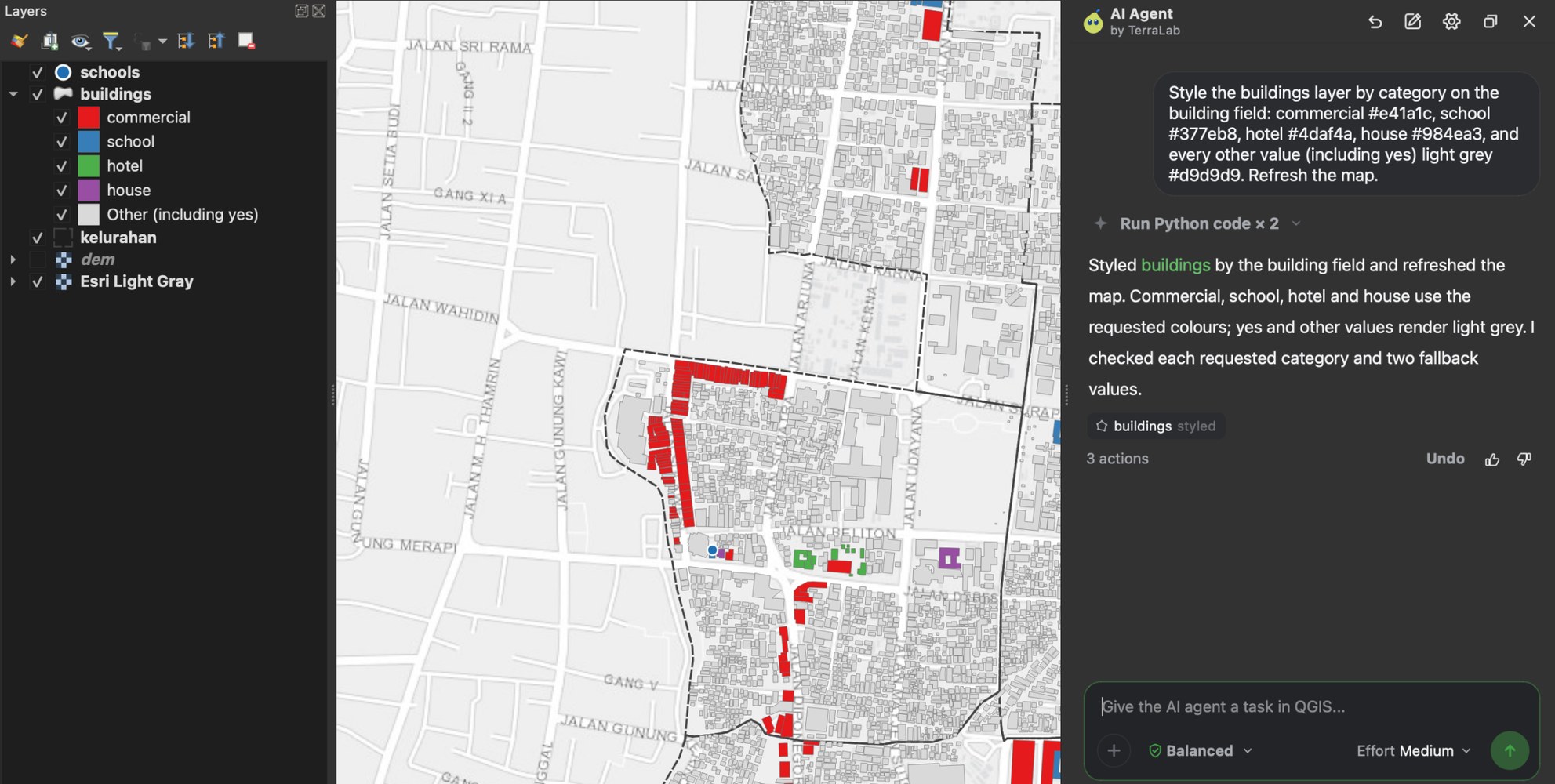 QGIS with the AI Agent panel on the right. The request asks to style the buildings layer by the building field: commercial red, school blue, hotel green, house purple and every other value light grey. The agent says it styled the buildings and checked each category. The map of Denpasar shows red commercial buildings, a green hotel and a purple house among grey buildings, and the Layers panel lists the five categories.
