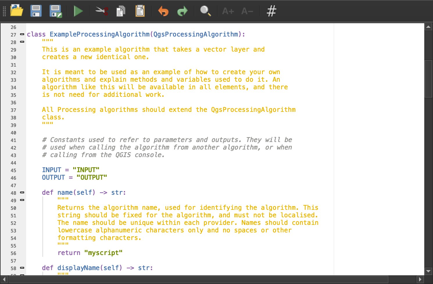 The QGIS Processing Script Editor showing the start of the template: a class called ExampleProcessingAlgorithm with comments explaining that it takes a vector layer and creates an identical one, constants INPUT and OUTPUT, and a name method that returns myscript.