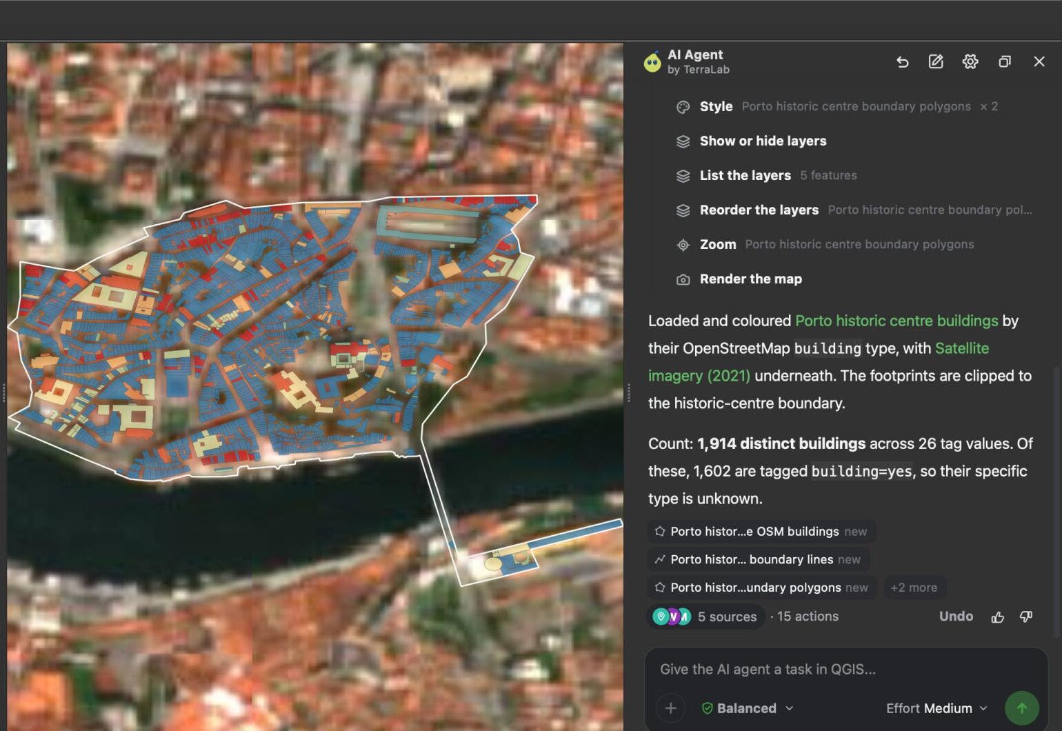 QGIS with the AI Agent panel on the right. The map shows Porto's historic centre outlined in white, with buildings coloured by type over satellite imagery. The agent's answer says it loaded and coloured the buildings by their OpenStreetMap building type with satellite imagery underneath, clipped to the historic-centre boundary, and counts 1,914 distinct buildings across 26 tag values, 1,602 of them tagged building=yes. Below: 5 sources and 15 actions.