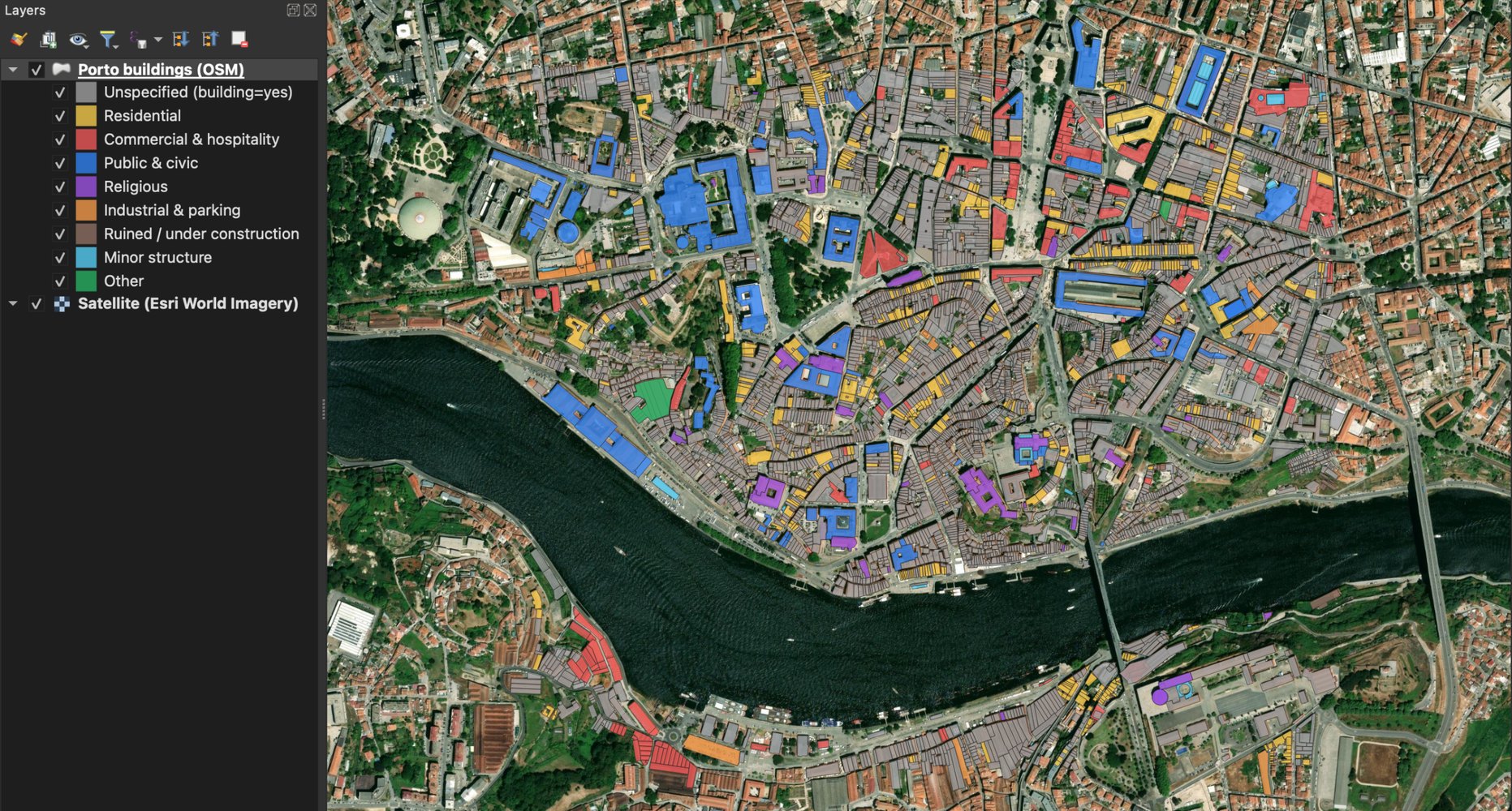QGIS map of central Porto after the QGIS MCP run: 4,445 OpenStreetMap buildings coloured in nine classes such as residential, commercial, public and religious, over sharp satellite imagery, covering both banks of the Douro river. The Layers panel lists Porto buildings (OSM) and Satellite (Esri World Imagery).