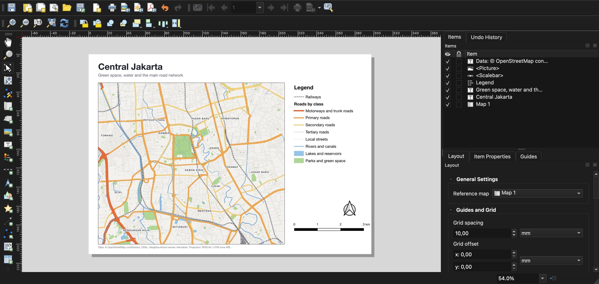 The QGIS print layout designer with an A4 page titled Central Jakarta, subtitled green space, water and the main road network. The map shows roads coloured by class, rivers, lakes and parks with neighbourhood labels, next to a legend, a north arrow and a 0 to 3 km scale bar, with a data credit to OpenStreetMap along the bottom. The Items panel on the right lists the map, legend, scale bar and text boxes.