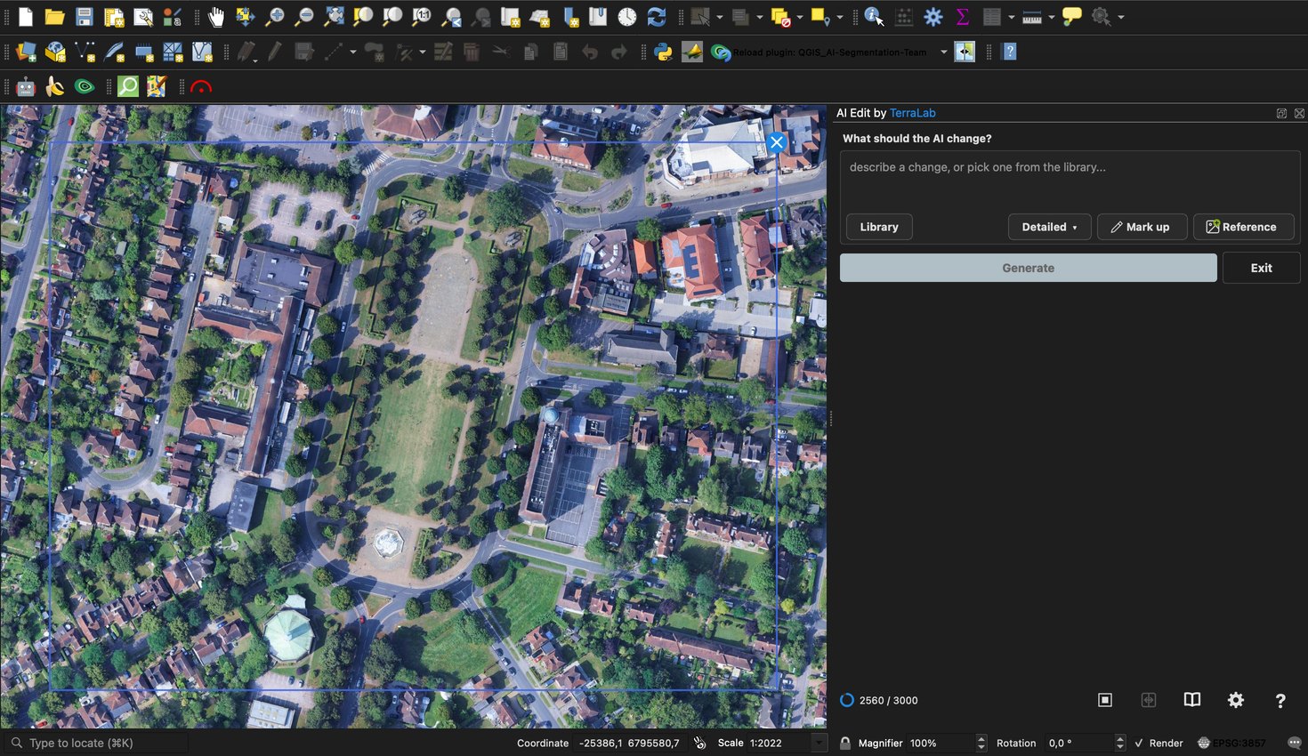 QGIS with the plugin panel open and a rectangular zone drawn around Broadway Gardens