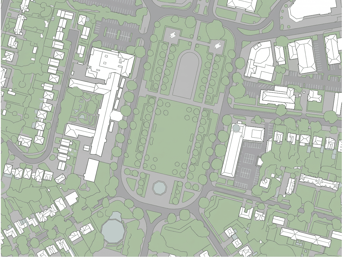 Image satellite de Broadway Gardens à gauche, plan de masse plat du même îlot à droite (after)
