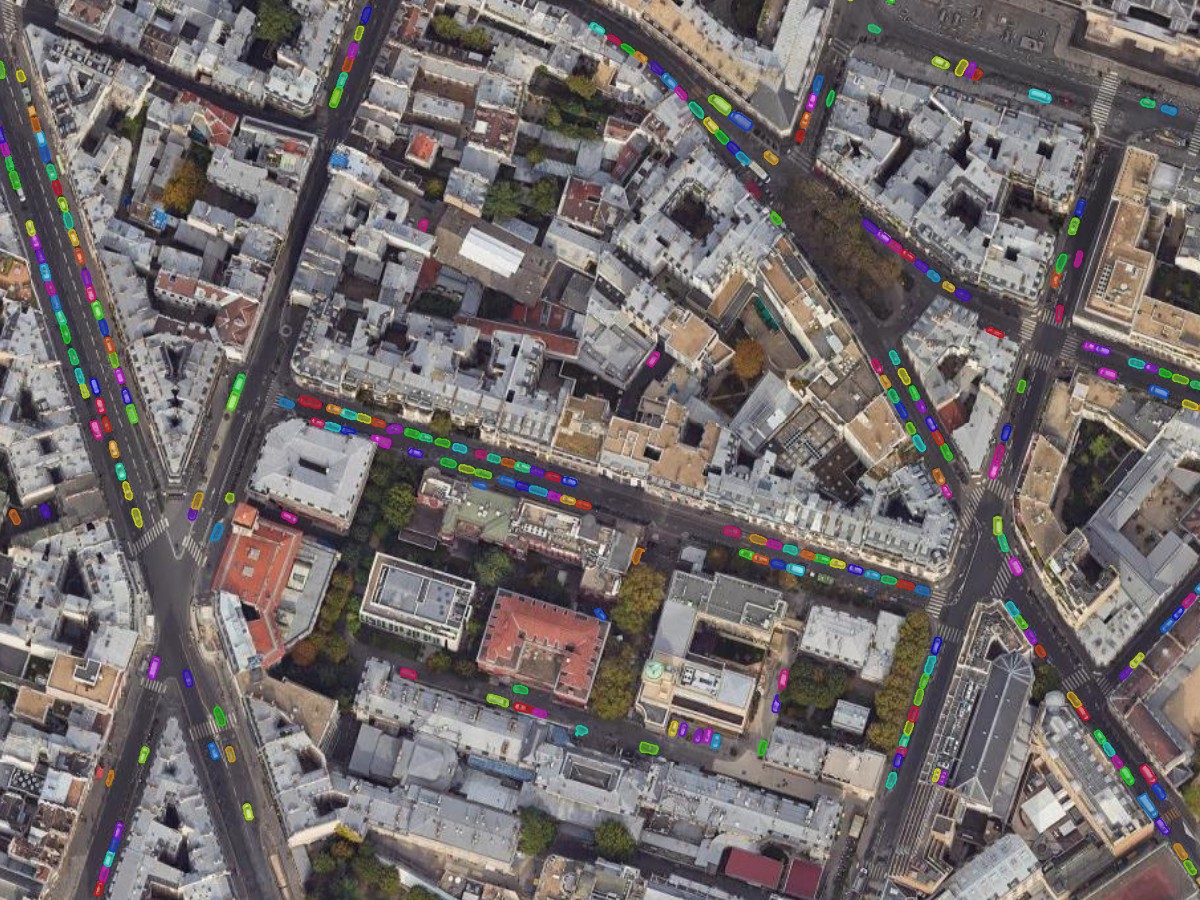 Cars parked along city streets, each outlined in its own colour