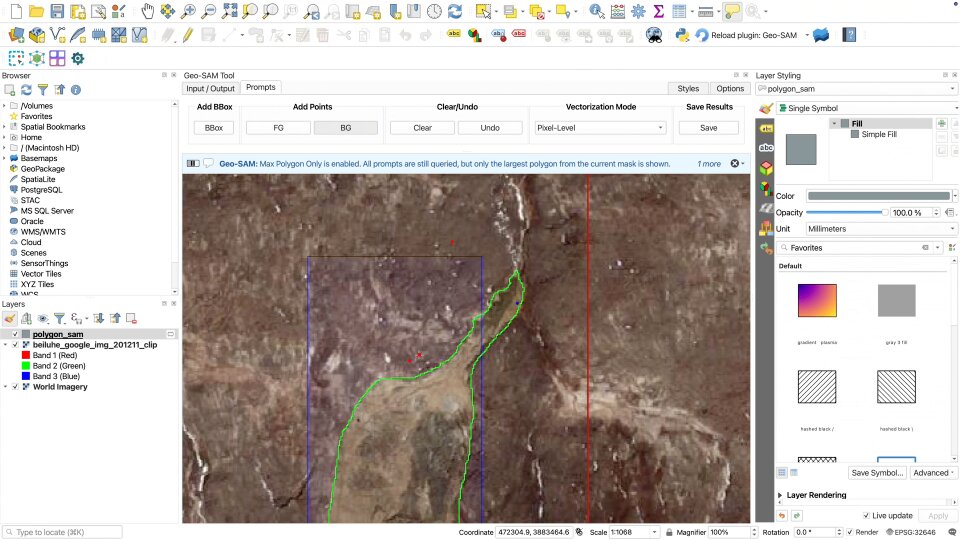 The Geo-SAM toolbar across the top of QGIS and one green polygon segmented inside a blue box on satellite imagery