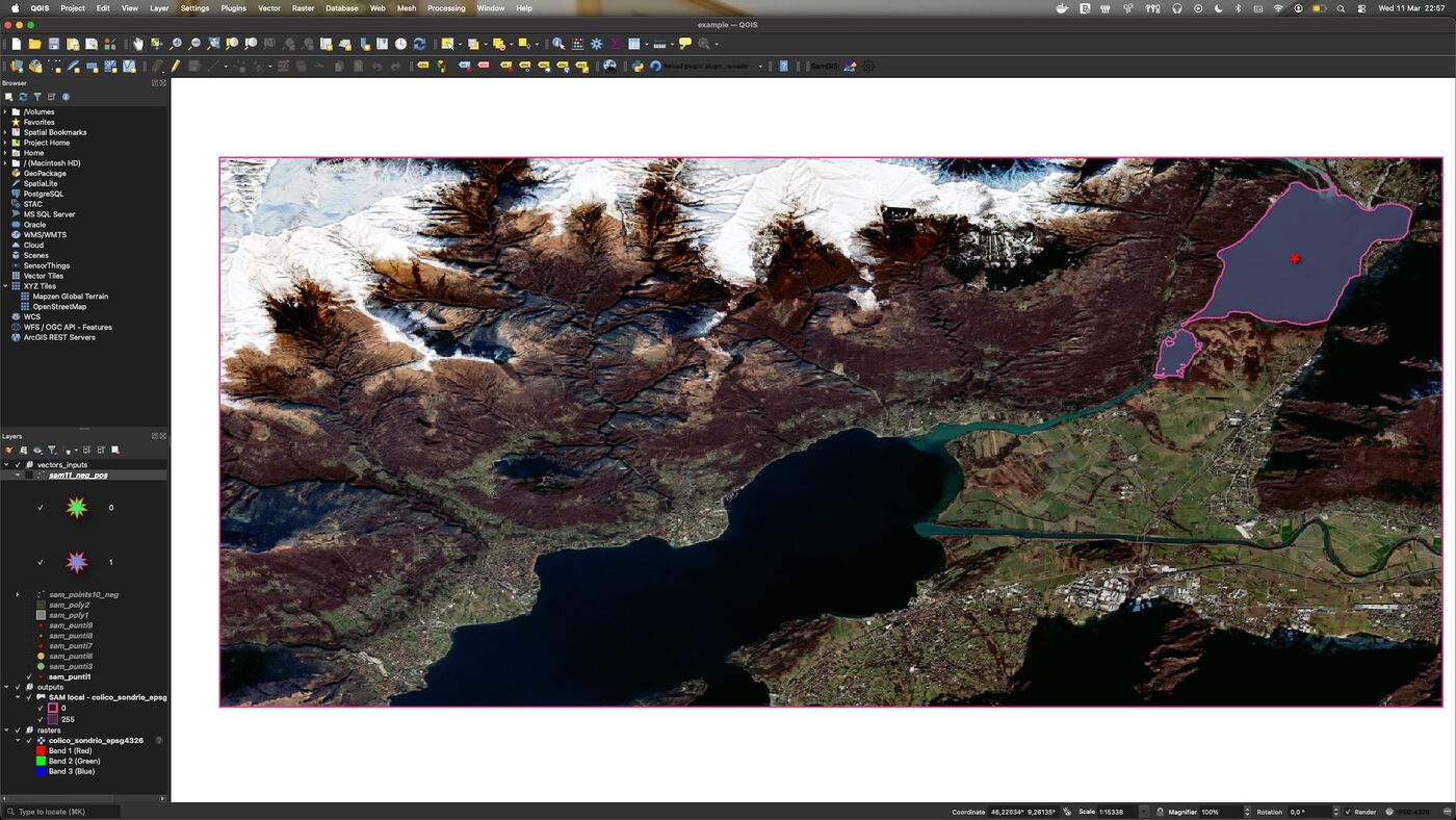 QGIS showing a lake near Lake Como outlined as a pink polygon from a single red point prompt