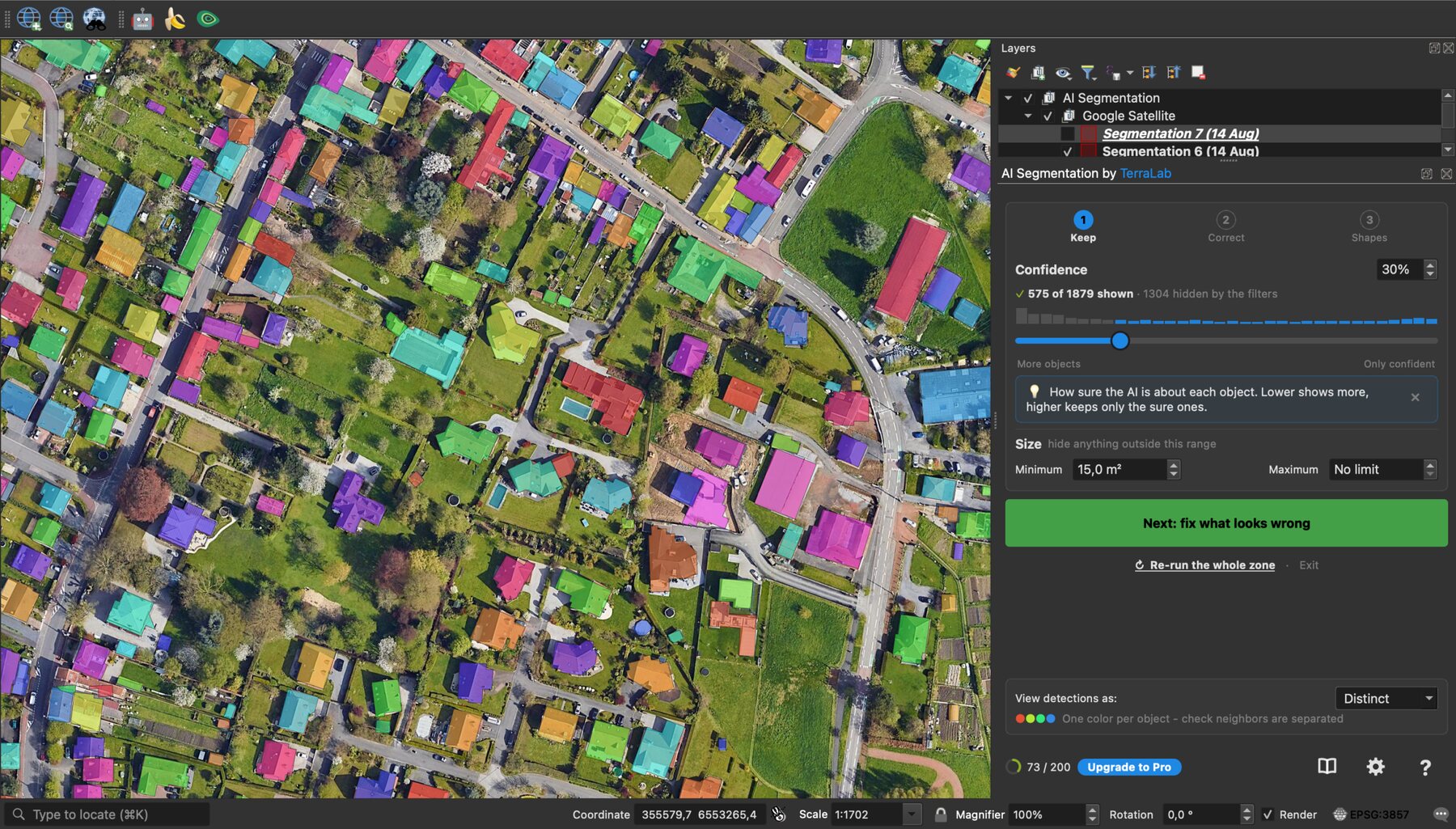 QGIS with the AI Segmentation panel open on the right and a village where every detected object is a separate coloured polygon