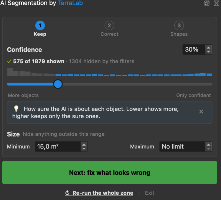 The AI Segmentation review panel with a confidence slider reading 575 of 1879 shown and a minimum size field